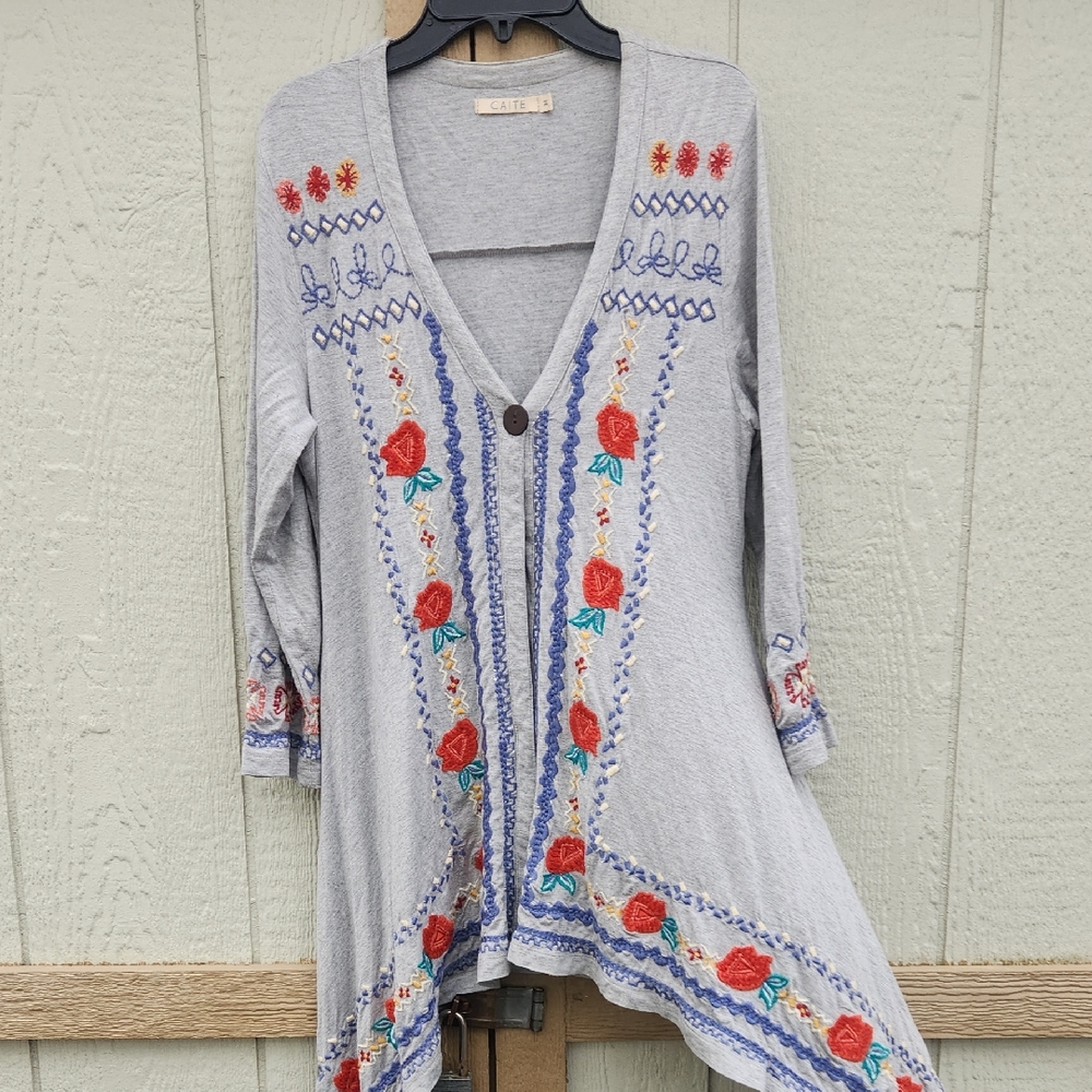 Caite Athleta‎ Cottage Core Embroidered Jersey Cardigan Floral Rose Coastal M